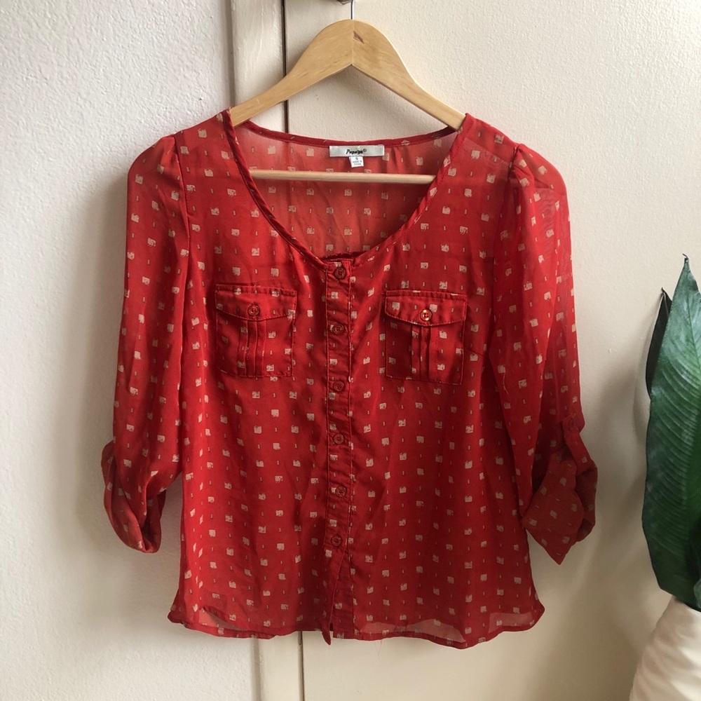 ☆ Papaya Red Sheer Vintage Style Blouse ☆